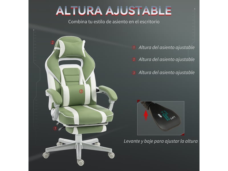  Fauteuil de jeu inclinable avec hauteur réglable, repose-pieds rétractable, soutien lombaire et appui-tête amovible - vert  - Conforama E