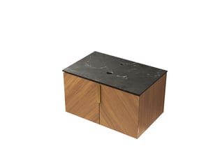 Meuble sous vasque 76 cm avec plan de toilette en pierre frittée, effet chêne, portes doubles