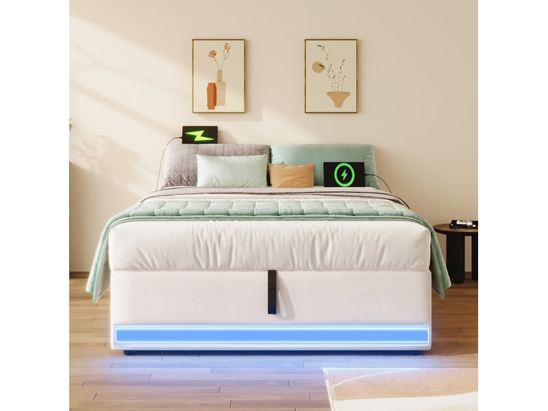  Modenvie lit coffre 90x200 cm - avec led multicolore, usb-c et rangement hydraulique, sans matelas - beige  - Conforama D