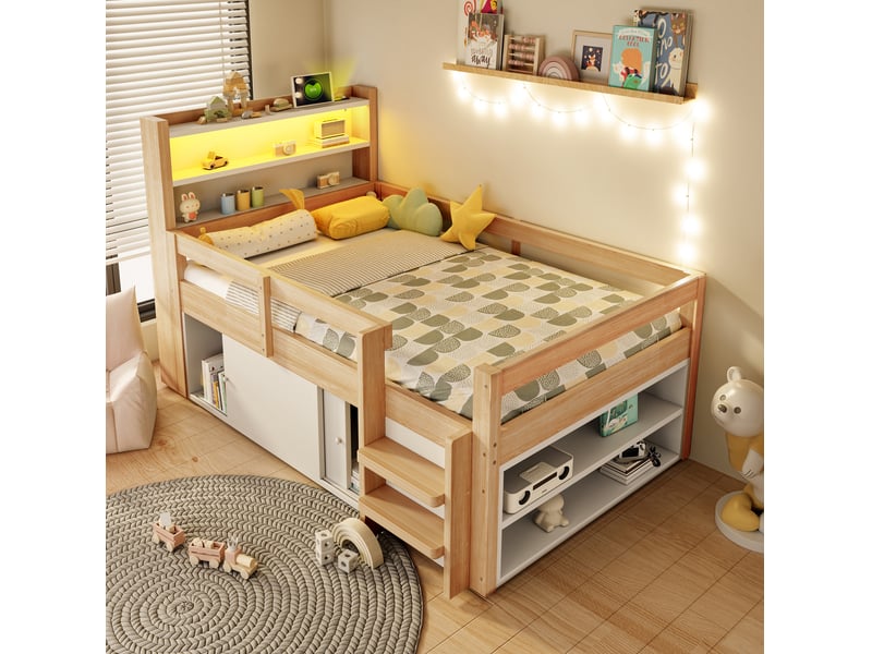 Lit enfant 90x200 cm avec rangements, led et usb, coloris bois naturel - Conforama D