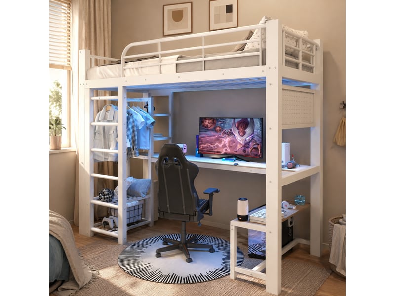  Lit mezzanine 90x200 cm avec bureau, rangements et led blanc  - Conforama B
