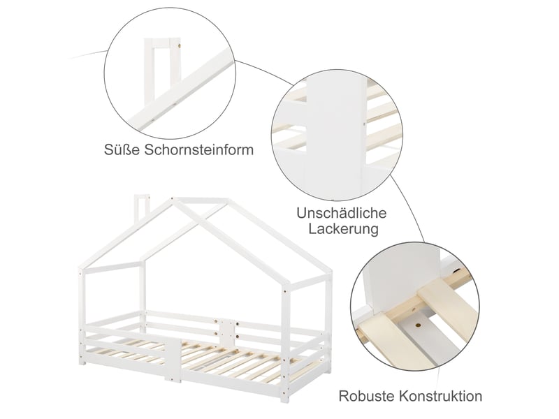  Lit cabane enfant 90x200 blanc, lit maison bois pin massif avec sommier lattes et barreaux sécurité pour chambre  - Conforama E