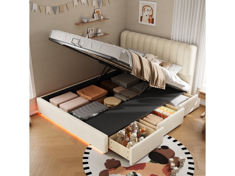  Lit adolescent avec rangement 140 x 200 cm, coffre hydraulique et velours beige  - Conforama E