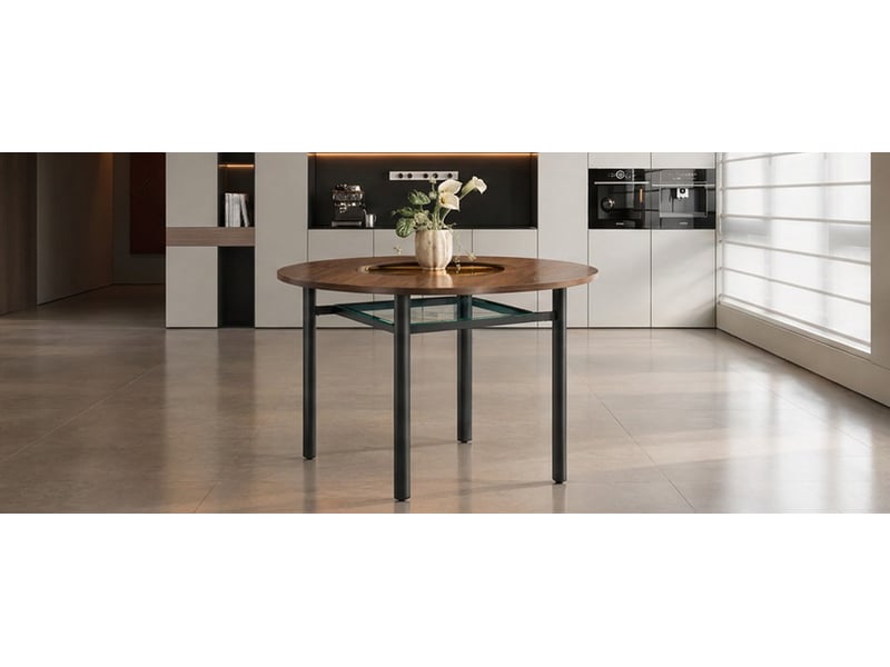  Table à manger ronde 100 cm en mdf et verre, pieds métal noirs, marron  - Conforama A