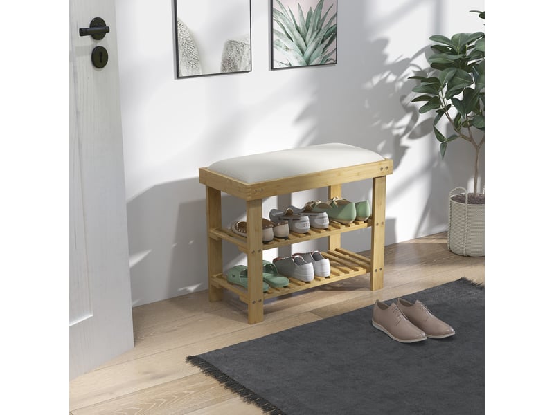  Banc à chaussures en bambou avec coussin, étagère à chaussures à 2 niveaux pour entrée ou chambre, 60 x 29 x 49 cm, crème  - Conforama C