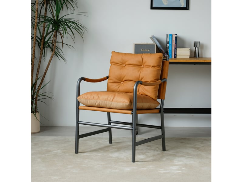  Fauteuil de salon avec accoudoirs, assise rembourrée et structure stable en métal, similicuir marron  - Conforama B