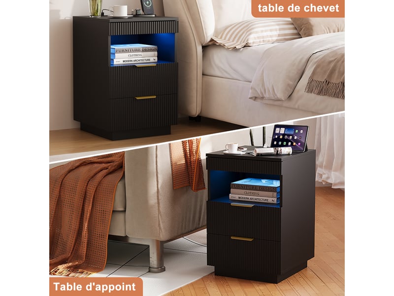  Table de chevet style luxe noir à texture cannelée 60×40×40 cm, 2 tiroirs avec tiroir caché, éclairage led rgb, station de charge prises secteur, usb‑a et usb‑c, compartiment de rangement ouvert  - Conforama C