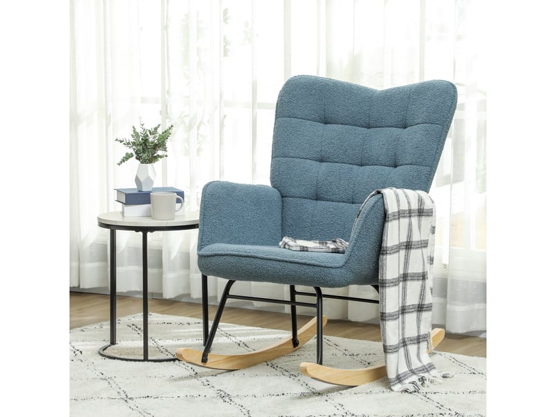  Fauteuil à bascule, design ergonomique, patins en bois massif, jusqu'à 120 kg, bleu clair  - Conforama D