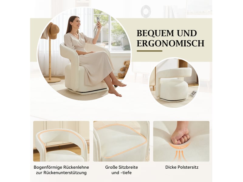  Fauteuil pivotant 70 x 65,5 x 74 cm – blanc – design barrel chair en chenille avec rotation 360°  - Conforama E