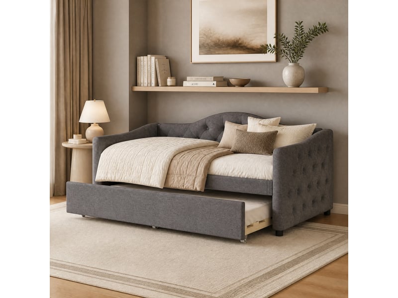  Lit gigogne 90x200 cm avec lit d'appoint 90x190 cm en lin gris  - Conforama B