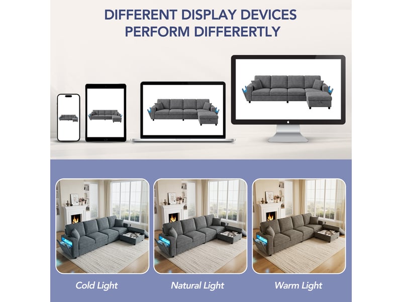 Canapé d'angle modulaire 4 places, avec pouf coffre amovible, accoudoir rangement, led, usb-c, flexible, 282x153x82cm, gris - Conforama D