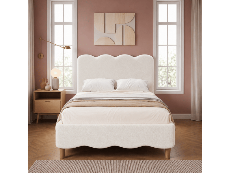  Lit enfant rembourré 90 × 200 cm 1 place avec sommier, sans matelas, en bouclette blanche, pieds en bois massif  - Conforama C