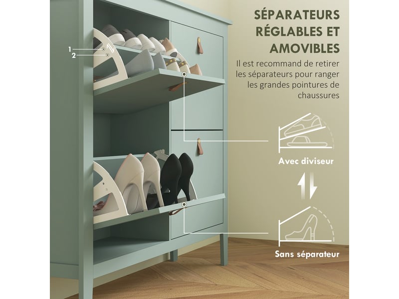  Meuble à chaussures 20 paires, armoire à chaussures avec 4 tiroirs rabattables, étagères amovibles et réglables, vert  - Conforama E