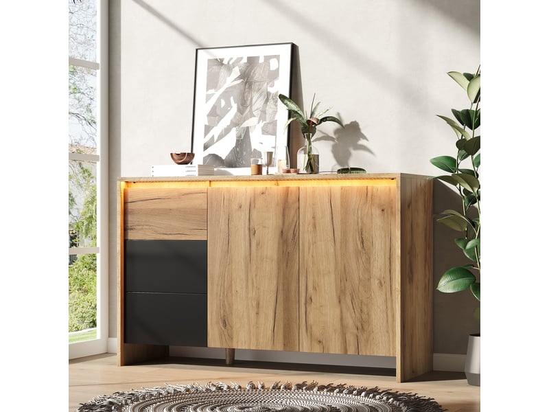 Buffet bois et noir 120 cm - 3 tiroirs, 2 portes, led multicolore - salonsalle à mangerentrée - Conforama B