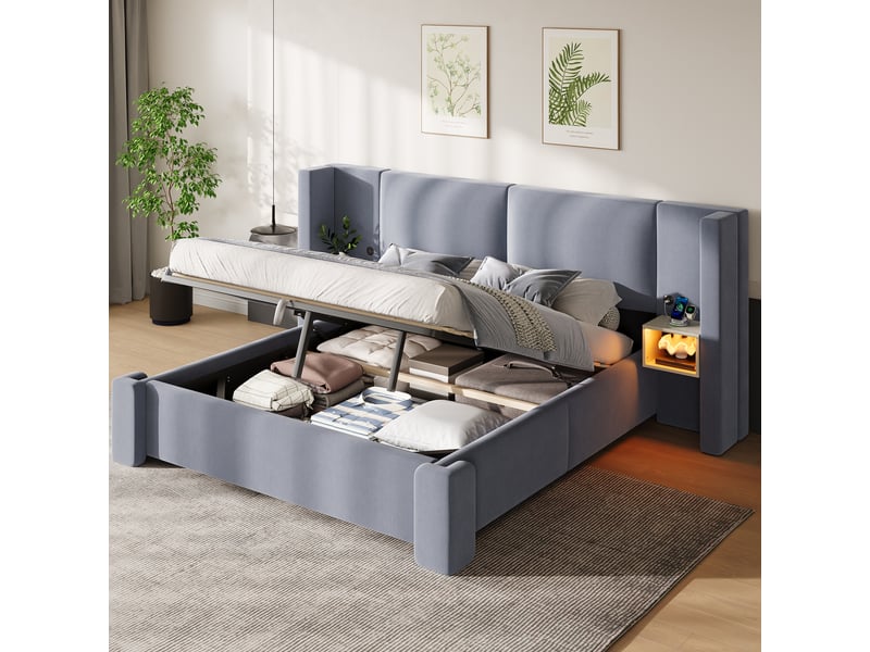  Lit rembourré en lin 140x200 cm avec led, rangements et ouverture hydraulique, gris, confort et élégance  - Conforama D