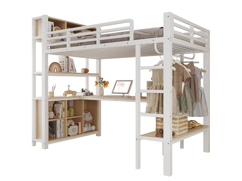  Lit mezzanine 90x200 cm avec bureau et rangements en métal et mdf blanc  - Conforama A