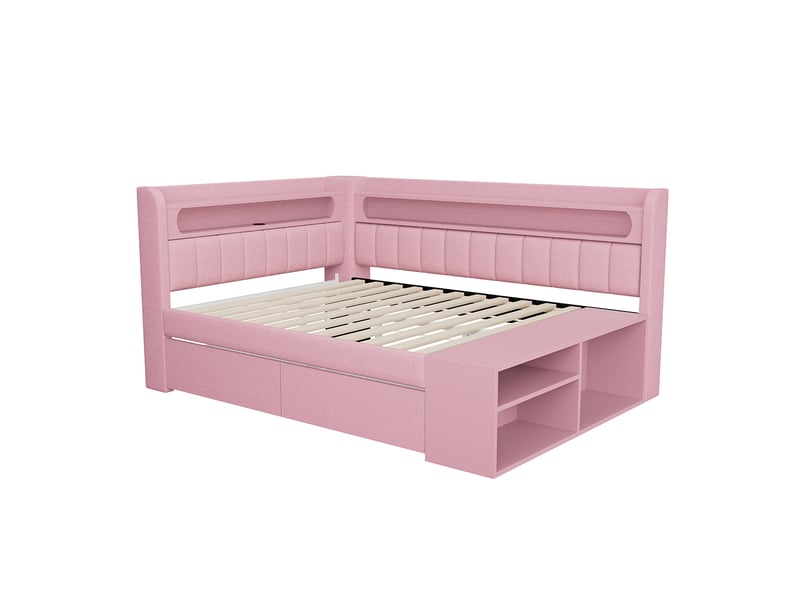  Canapé-lit rembourré 90 x 200 cm avec port usb et led, comprenant un meuble à chaussures et deux tiroirs, tissu lin, rose  - Conforama D