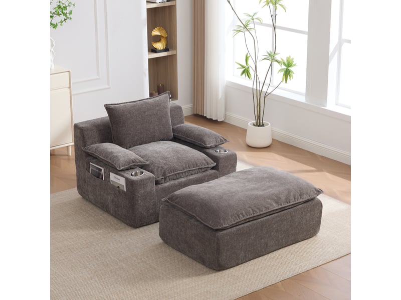  Chaise longue, fauteuil lounge : coussins inclus, sans montage, en chenille, porte-gobelets  - Conforama R