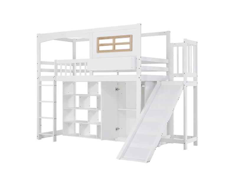  Lit mezzanine 90x200 cm avec barrière de sécurité, toboggan, armoire et rangement, en bois, blanc  - Conforama D
