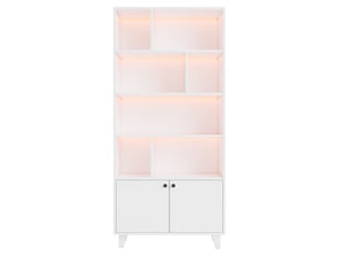 Bibliothèque 2 portes 7 compartiments led mdf et bois blanc 80x30x173 cm