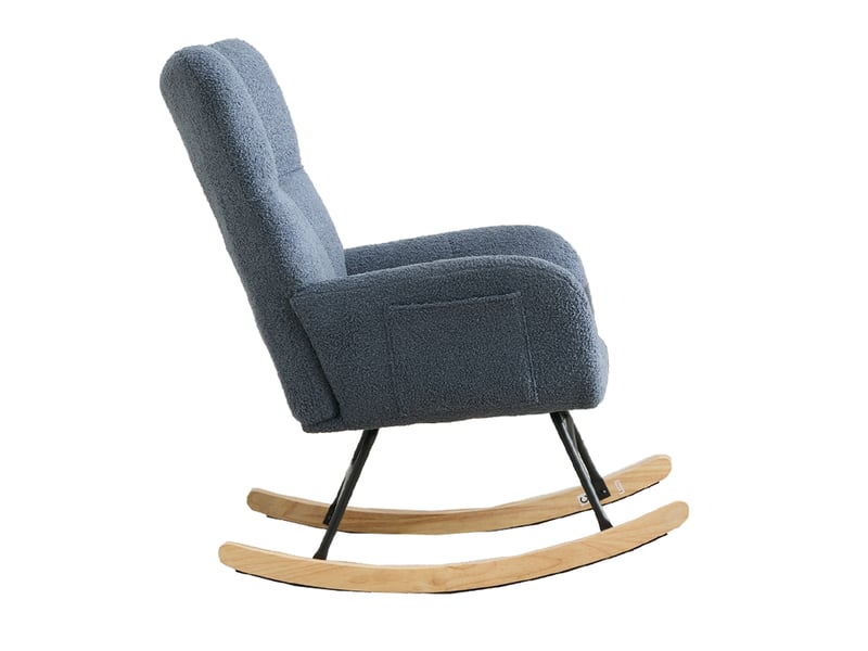  Fauteuil à bascule en tissu teddy avec poche, base en bois massif, bleu marine  - Conforama D
