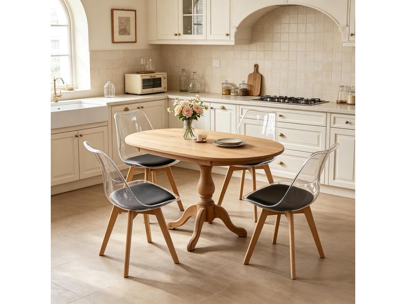  Chaise de salle à manger lot de 4 avec assise rembourrée, dossier fixe et pieds en bois, en similicuir noir  - Conforama C
