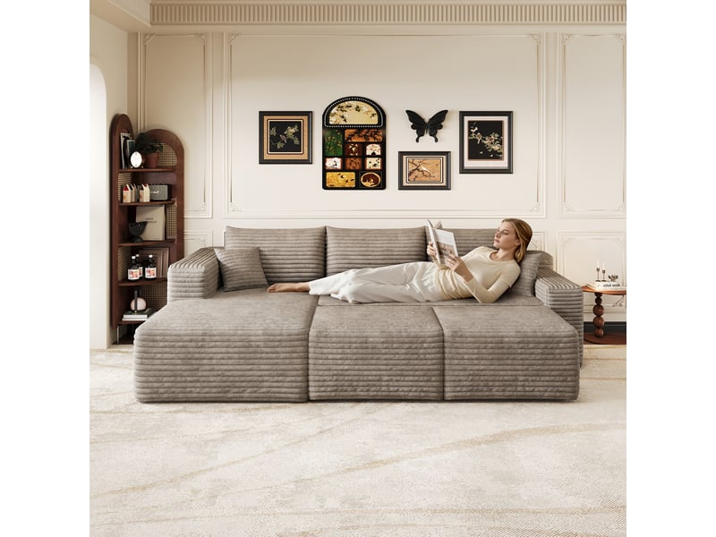  Canapé d'angle modulaire 3 places avec 2 poufs 241 x 151 x 58 cm, assise profonde, design nuage, livré monté, velours côtelé, chameau Bliss Lite - Conforama D