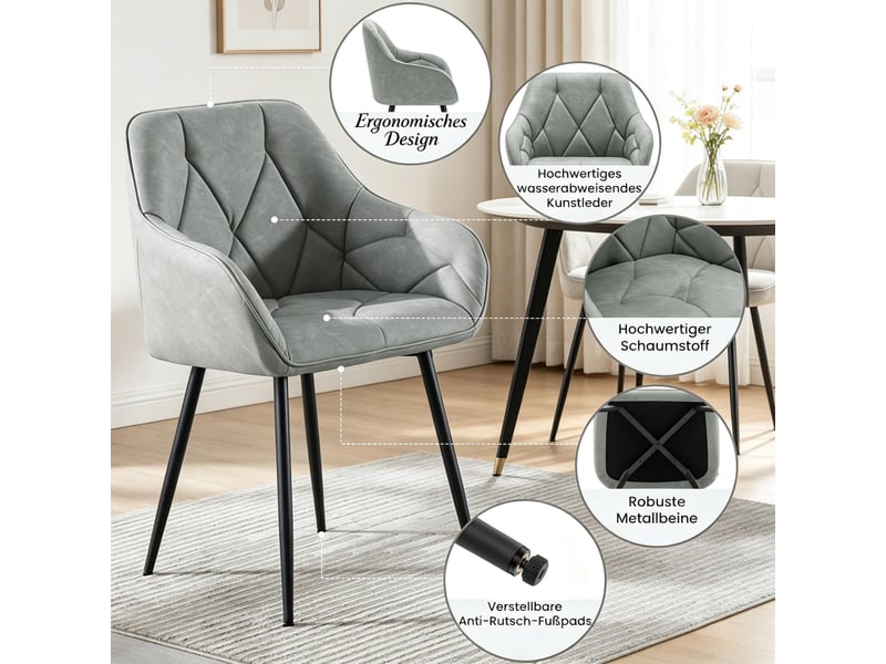  Lot de 2 chaises de salle à manger,56x41x83,5 cm,avec accoudoirs,similicuir,gris  - Conforama D