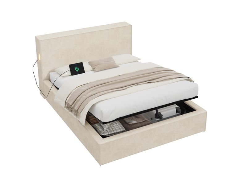  Lit coffre 120x200 cm, 220x133x88 cm, sommier à lattes inclus, rangement hydraulique, chenille beige, sans matelas  - Conforama A