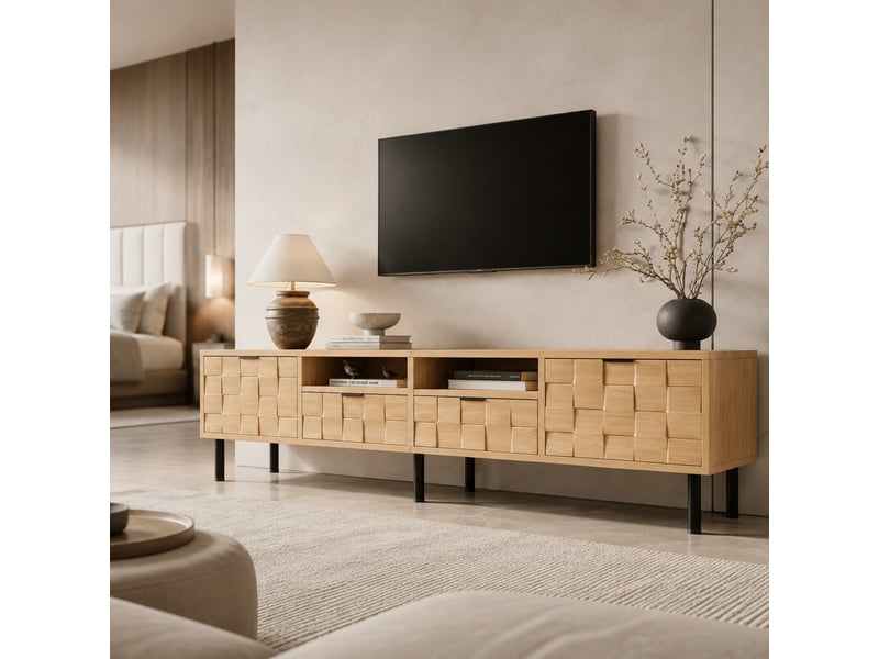  Meuble tv avec 2 portes, 2 tiroirs et 2 niches ouvertes, décor bois texturé, pour salon, 200×35×44,5 cm, naturel  - Conforama C