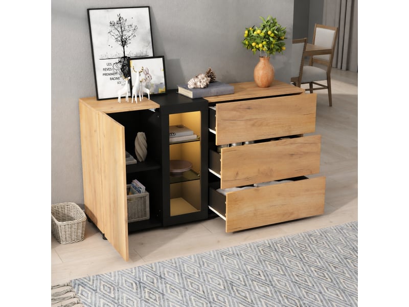 Buffet moderne 140 cm avec trois tiroirs, porte et led contrôlées par application, noir et marron - Conforama D
