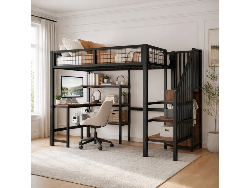  Lit mezzanine 90x200 cm avec bureau et rangements en métal et mdf noir et marron  - Conforama B