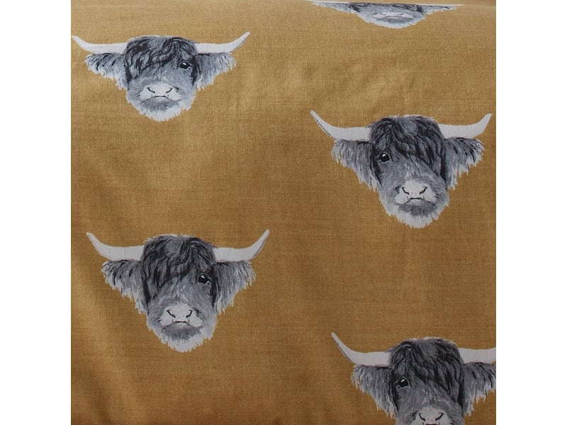  Housse de couette vache des highlands jaune ocre - 140 x 200 cm - 1 taie d'oreiller - design réversible (ocre et gris) - parure de lit vache de ferme en jaune moutarde  - Conforama B