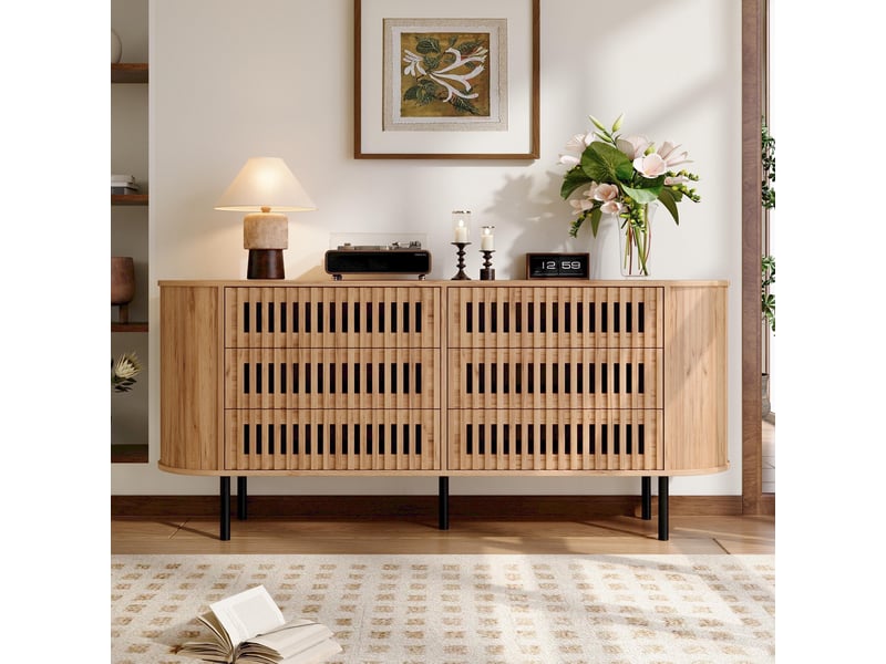  Commode 6 tiroirs - 160x40x70cm - commode basse de salon avec côtelés ajourés &amp; angles arrondis - bois naturel  - Conforama B
