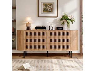 Commode 6 tiroirs - 160x40x70cm - commode basse de salon avec côtelés ajourés & angles arrondis - bois naturel