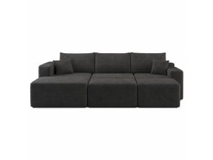 Canapé d'angle l 5 places en tissu velours côtelé noir, 241 cm, sans montage