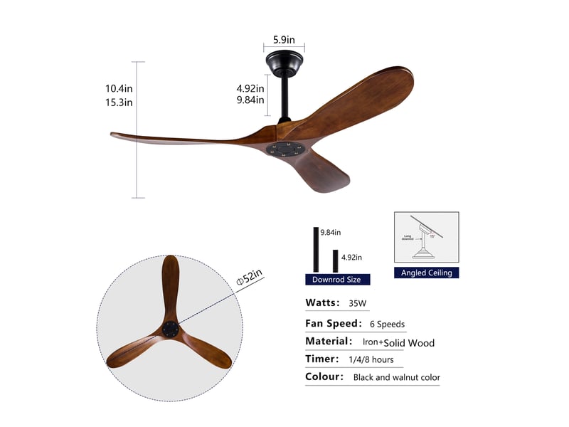 Ventilateur de plafond 132 cm sans éclairage bois massif noir et noyer foncé 6 vitesses télécommande silencieux minuterie et mémoire - Conforama E