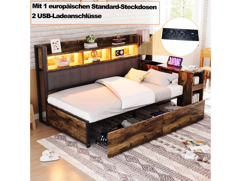  Lit banquette avec bureau extensible et rangements, métal et bois naturel, 90x200 cm, led, tiroirs et prises intégrées  - Conforama B