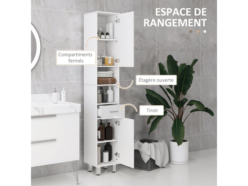  Meuble colonne salle de bain avec étagères réglables et compartiments ouverts, 30x30x180cm, blanc brillant  - Conforama D