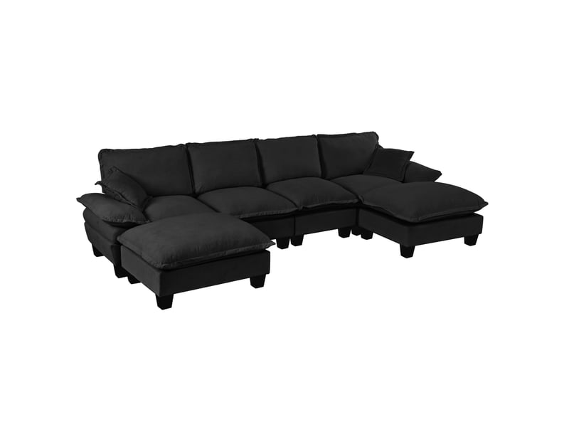  Canapé d'angle panoramique modulable 6 places en chenille noir avec ottomane mobile  - Conforama A