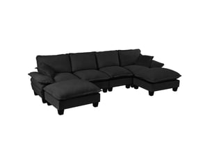 Canapé d'angle panoramique modulable 6 places en chenille noir avec ottomane mobile