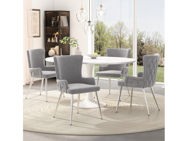  Chaise de salle à manger lot de 4 avec accoudoirs et pieds métalliques en velours gris et argenté  - Conforama B