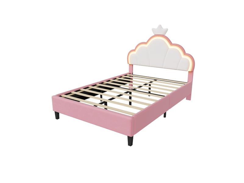  Lit enfant 140x190cm - lit double 140x190 avec tête de lit couronne lumineuse led - rembourré en velours - rose et blanc  - Conforama D
