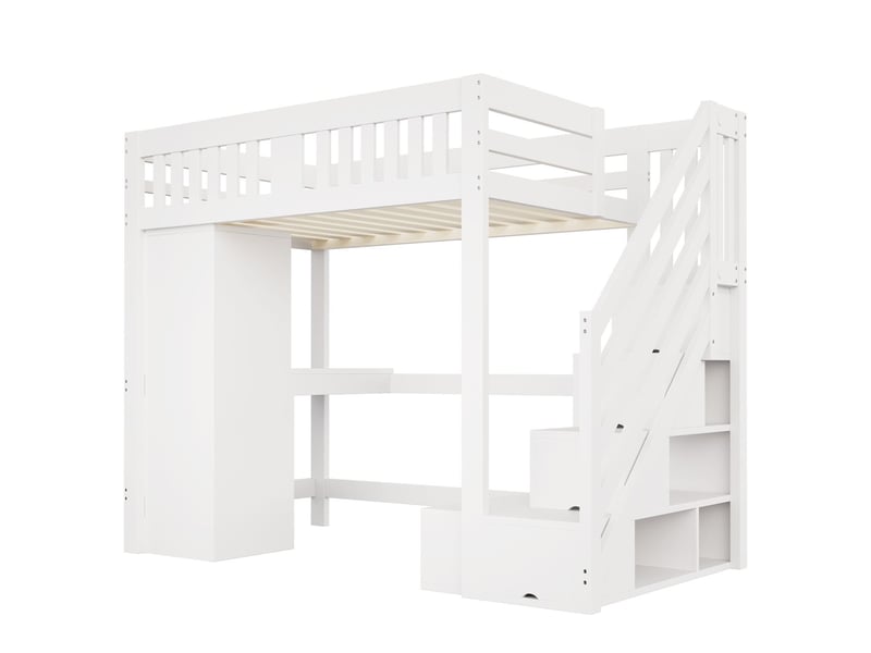  Lit double 140 x 200 cm grand format escalier rangement bureau prise euro éclairage led multicolore penderie intégrée banc rangement garde-corps haut bois blanc  - Conforama A