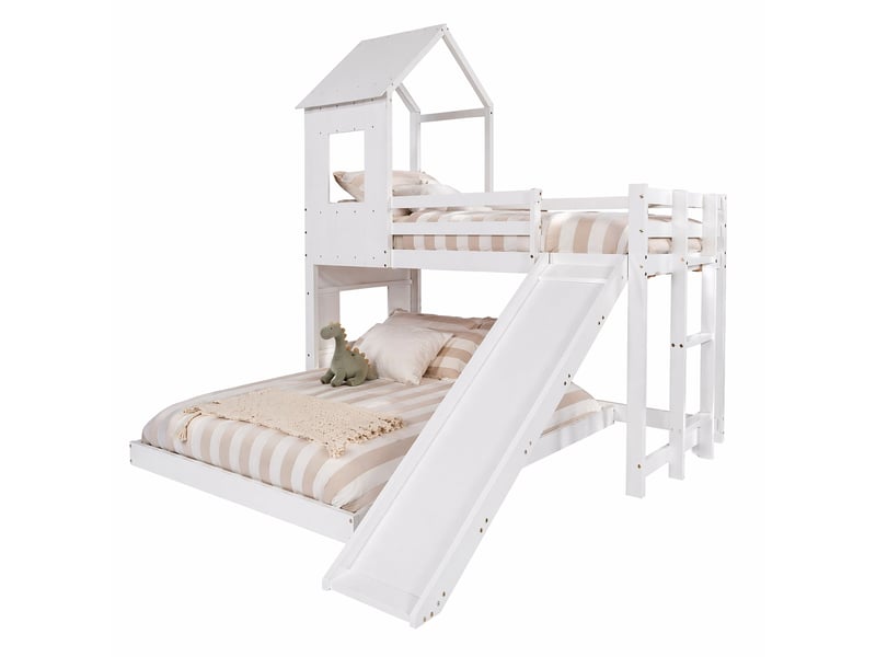  Lit superposé enfant 90x200 et 140x200 cm – blanc – toboggan, toit et escalier 3 marches - sans matelas  - Conforama A