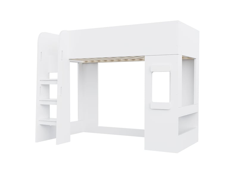  Lit mezzanine 90×200 cm avec led, petit bureau et garde-corps, blanc  - Conforama E