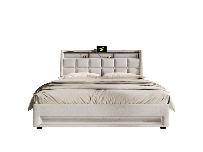  Lit coffre hydraulique 140x200 cm avec led et usb, lit double rembourré avec tête de lit à étagère, sommier à lattes, lin - beige clair  - Conforama A