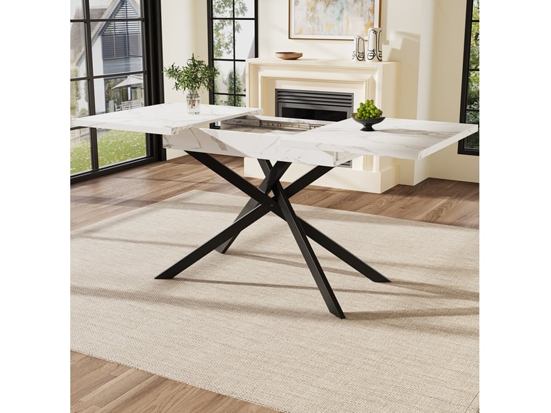  Table extensible (120)160x80x76,5cm, coloris blanc et noir, motif imitation marbre (non marbre), plateau aggloméré, cadre en métal, pieds croisés  - Conforama B
