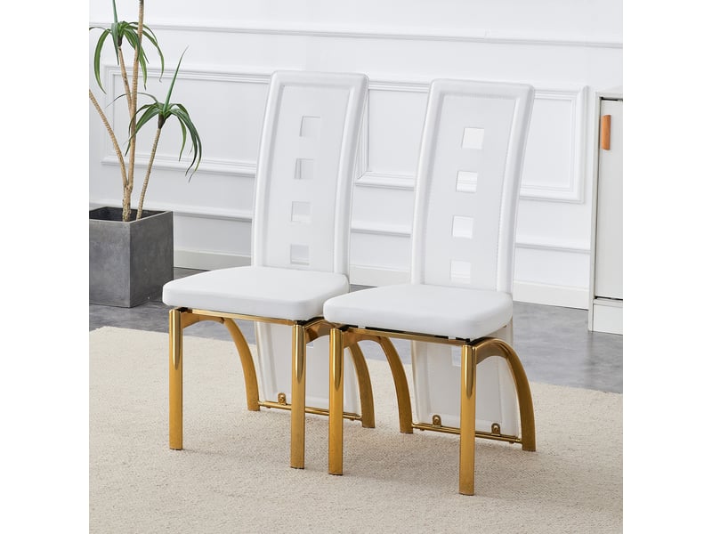 Lot de 2 - chaise de salle à manger - 41 x 49 x 102,5 cm-blanc et or - en pu mat avec motifs ajourés, haut dossier et pieds courbés en métal doré - Conforama D