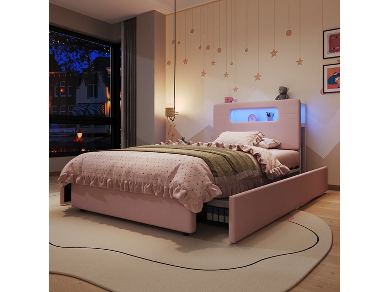 Lit jeune 90x200 cm, lit simple avec 4 tiroirs, tête de lit avec rangement, led, mdf, velours couleur rose, sans matelas  - Conforama D